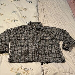 Cropped Black & White Plaid Utility Jacket